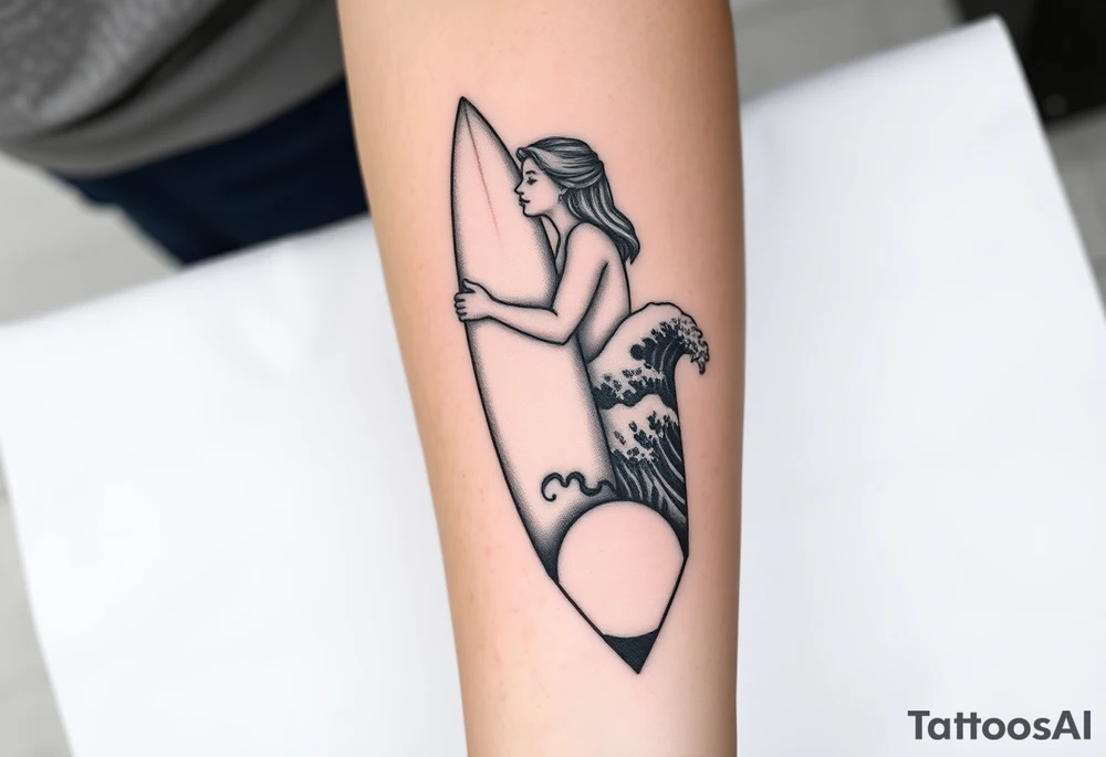 New school geometrical concept tattoo with the girl holding surfboard in a vertical position her face is turned 60 degrees to out side, the bottom part of a body is showed, on the right side of a tattoo is the realistic wave closed in a frame. And the bottom of a taro is a palenesiab sun. Link the objects based on new school geometry tattoos. tattoo idea