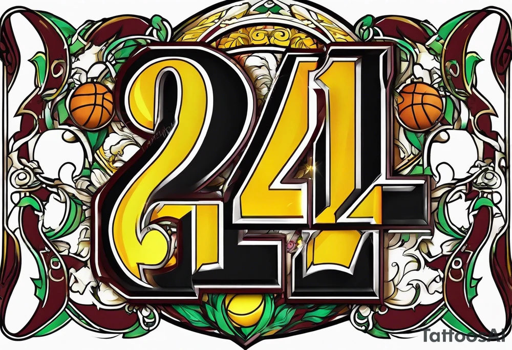 basketball number 24 with colors green, yellow, maroon and black tattoo idea