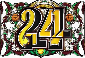 basketball number 24 with colors green, yellow, maroon and black tattoo idea