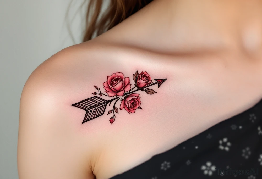 An arrow intertwined with blooming roses in deep red and soft pink hues, symbolizing love and passion. tattoo idea
