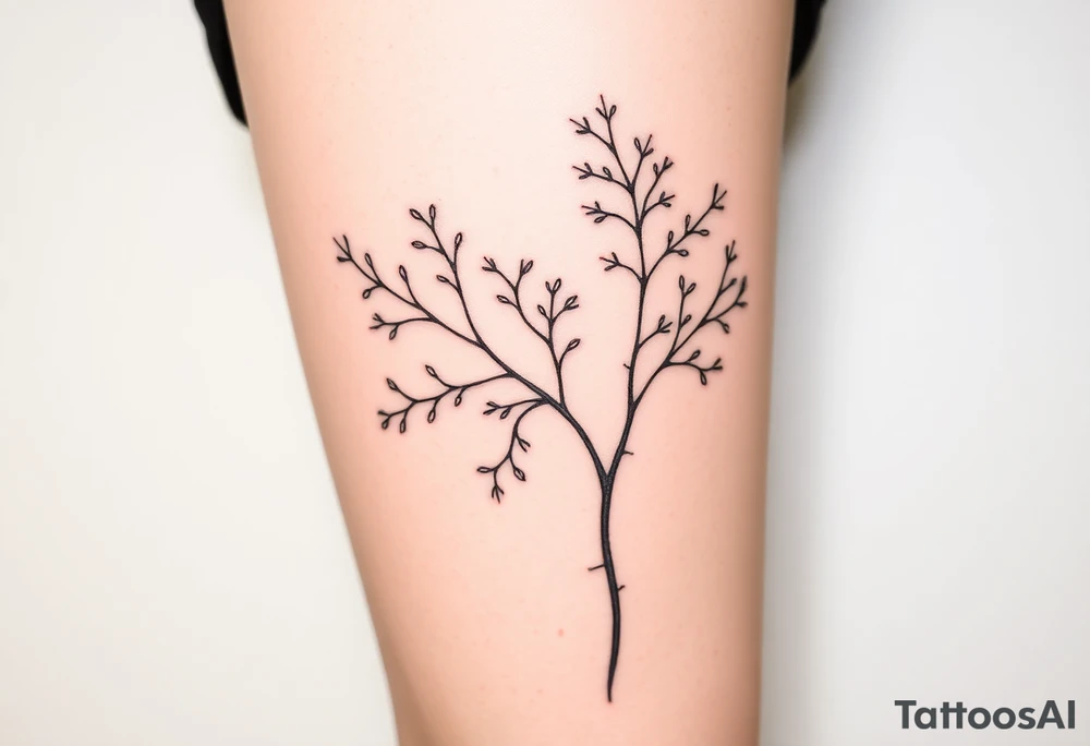 Detailed tattoo design of Asparagopsis taxiformis red algae gametophyte stage botanical illustration style, delicate branching fronds, flowing organic lines, black and grey, designed for calf placement, vertical composition” tattoo idea