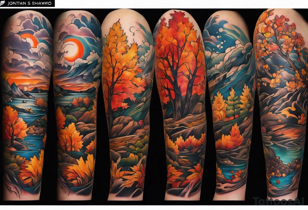 Arm Sleeve Tattoo with fall colors flat tattoo idea