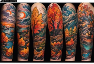 Arm Sleeve Tattoo with fall colors flat tattoo idea