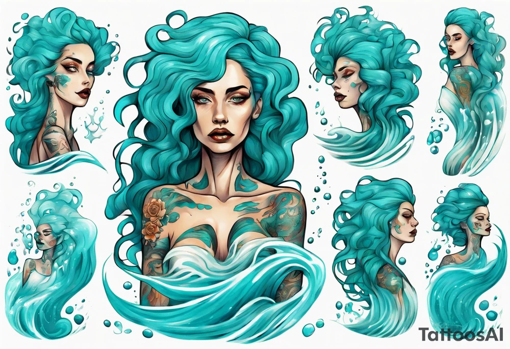 a tall woman made of water with turquoise hair surrounded by waves tattoo idea
