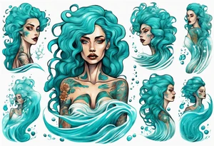 a tall woman made of water with turquoise hair surrounded by waves tattoo idea