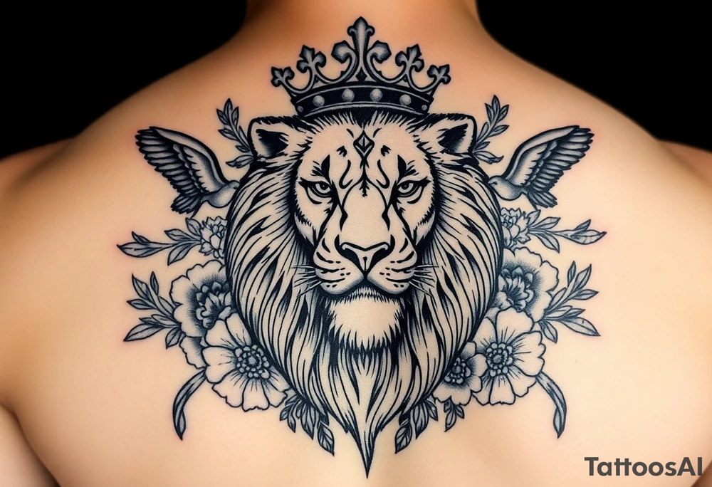 powerful majestic lion with a crown, surrounded by floral ornaments and birds tattoo idea