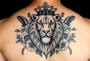 powerful majestic lion with a crown, surrounded by floral ornaments and birds tattoo idea