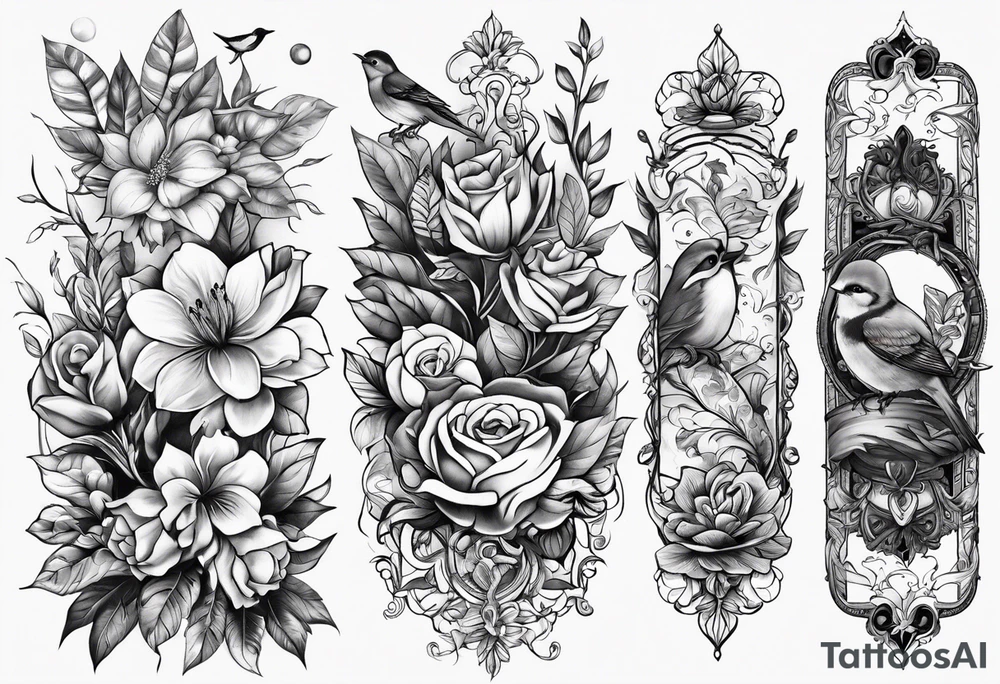 Forearm tattoo vine type with books, flowers, leafs commingle off it and birds around tattoo idea