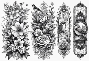 Forearm tattoo vine type with books, flowers, leafs commingle off it and birds around tattoo idea