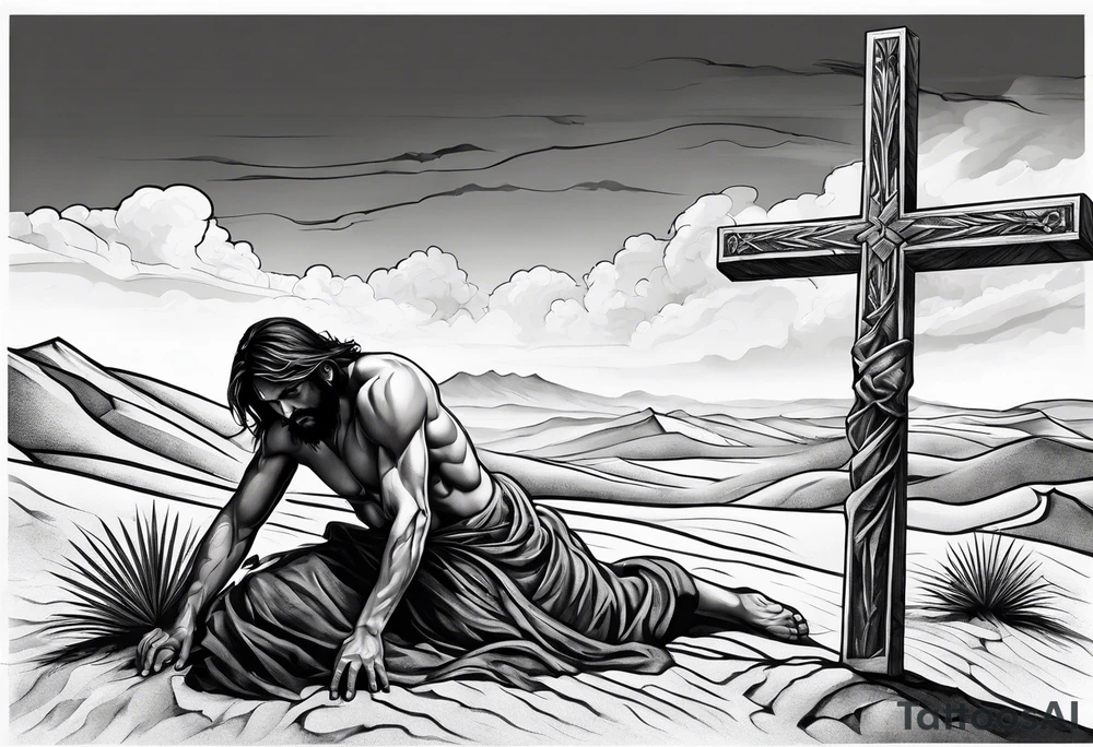 man crawling in a desert reaching to the cross of Christ tattoo idea