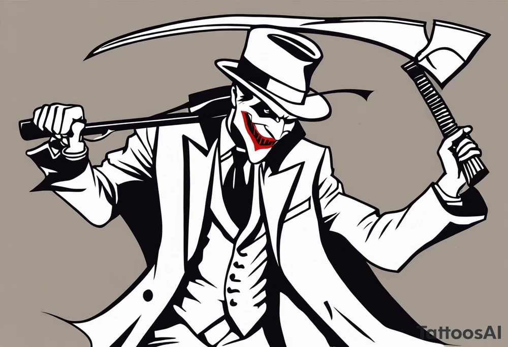 the joker as the grim reaper, shooting a gun and holding the scythe behind his back. He is wearing a suit and trench coat that looks like a cloak. He is standing in a graveyard, but there playing cards as the gravestibes, tattoo idea