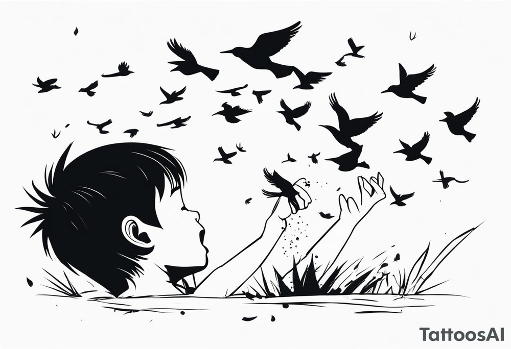 boy crying, being attacked by birds tattoo idea