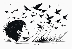 boy crying, being attacked by birds tattoo idea