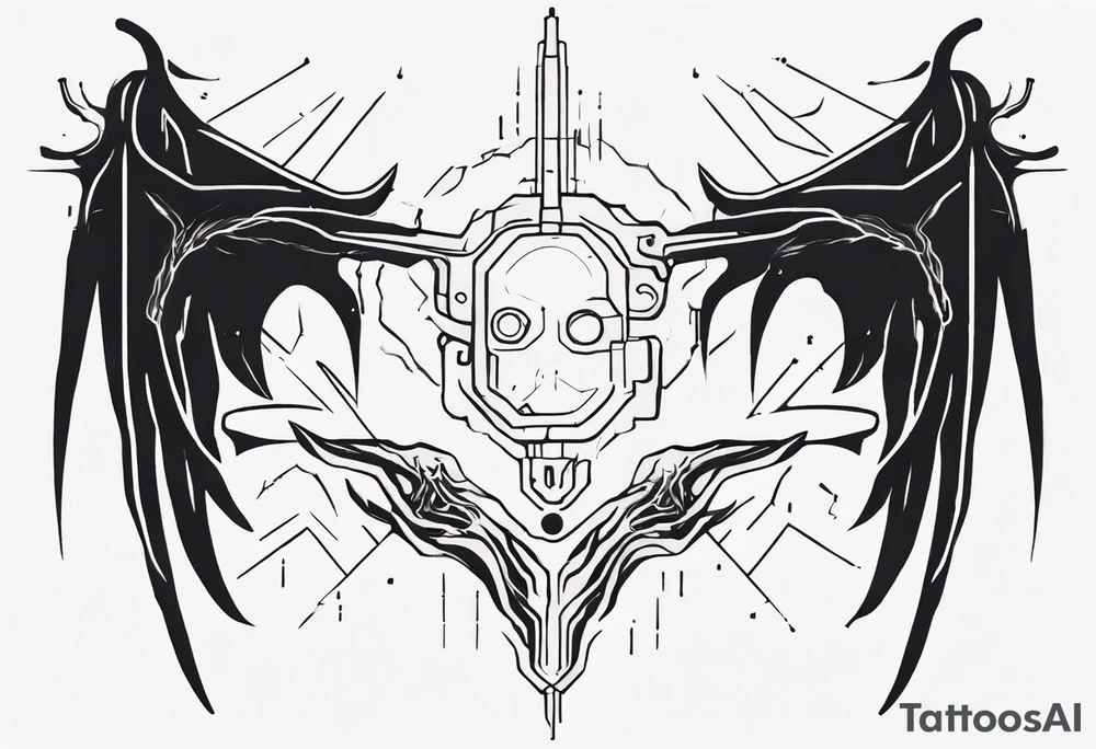 minimalist cyberpunk upper arm design from the shoulder that depicts heaven and hell with neuron projecting downwards. tattoo idea