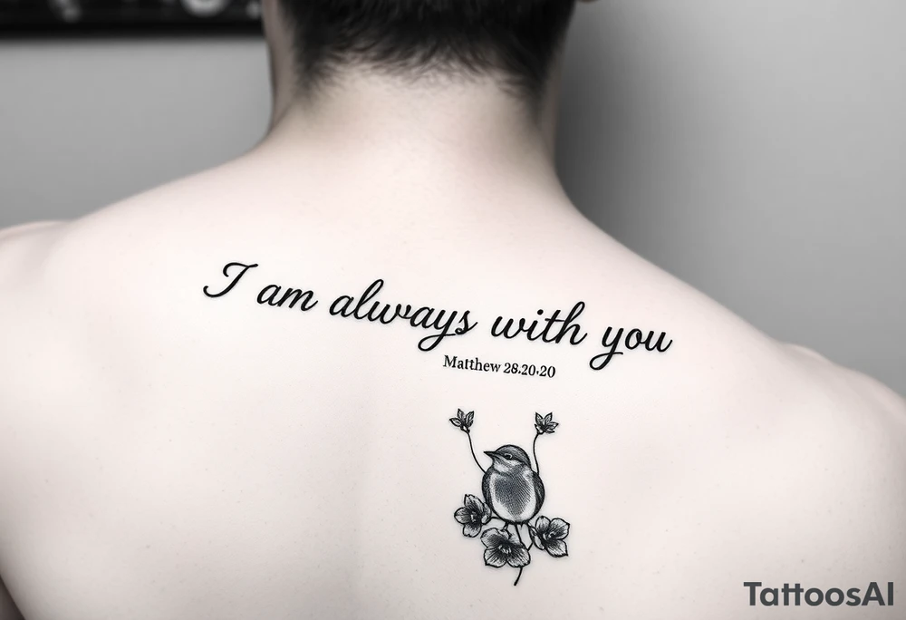 Bible verse “I am always with you Matthew 28:20” going horizontal down the spine  with a dainty bird on top with small flowers on the bottom tattoo idea
