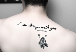 Bible verse “I am always with you Matthew 28:20” going horizontal down the spine  with a dainty bird on top with small flowers on the bottom tattoo idea