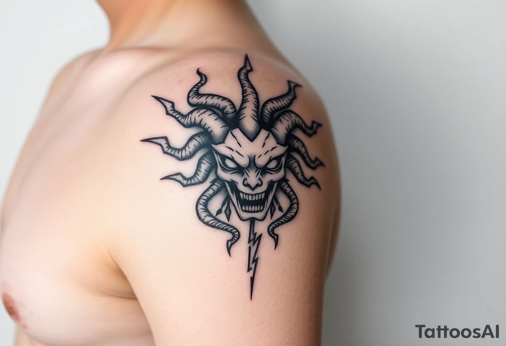 Medusa Head surrounded by lightnings in sketch style, black color and on the outer forearm tattoo idea