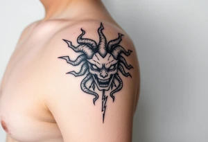 Medusa Head surrounded by lightnings in sketch style, black color and on the outer forearm tattoo idea