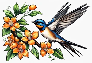 swallow lifting off of branch with orange blossoms tattoo idea