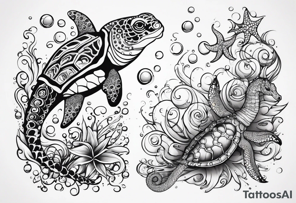 Small Starfish, Seahorse and turtle in a vertical line with bubbles tattoo idea