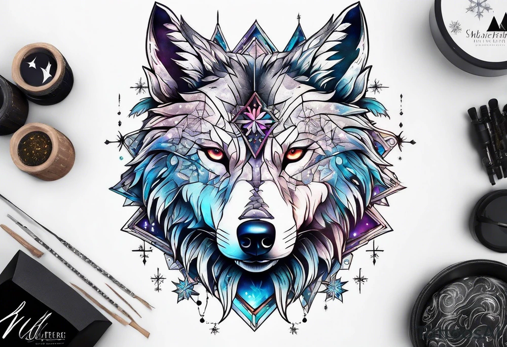 Constellation, two animal alien wolf, snowflake tattoo idea
