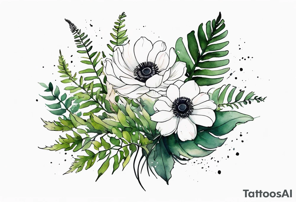 wild flower bouquet with ferns and white anemone all watercolor tattoo idea