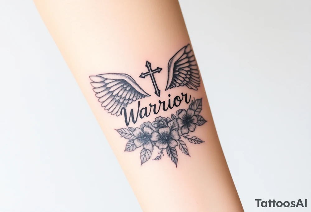 angel wing with word "Warrior" surrounded with flowers and cross tattoo idea