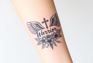 angel wing with word "Warrior" surrounded with flowers and cross tattoo idea