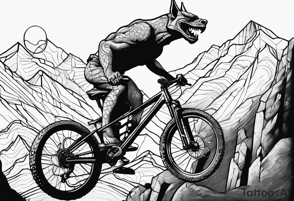 gargoyle riding a full suspension mountain bike with a shadow no background tattoo idea
