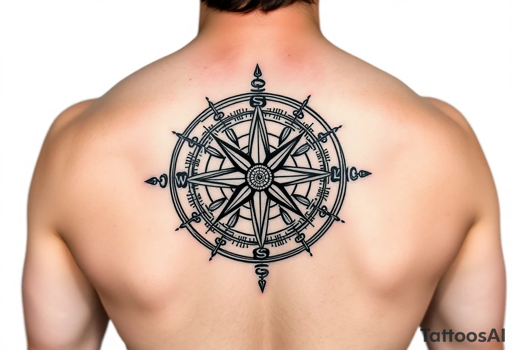 Create a line work Viking compass using symbols for protection, wisdom, and knowledge from both the Aztec and Viking cultures. Make the image very simple and able to print. Outline only not a lot of thick black use Elder Futhark runes for protection, wisdom, and luck. Use Elder futhark runes. tattoo idea