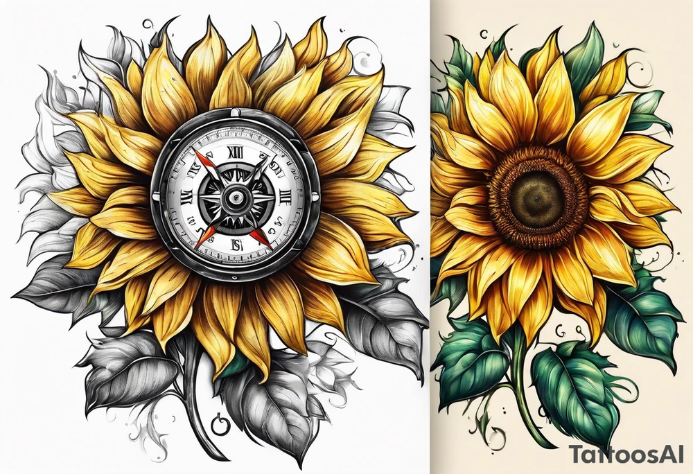 Sunflower next to a compass tattoo idea