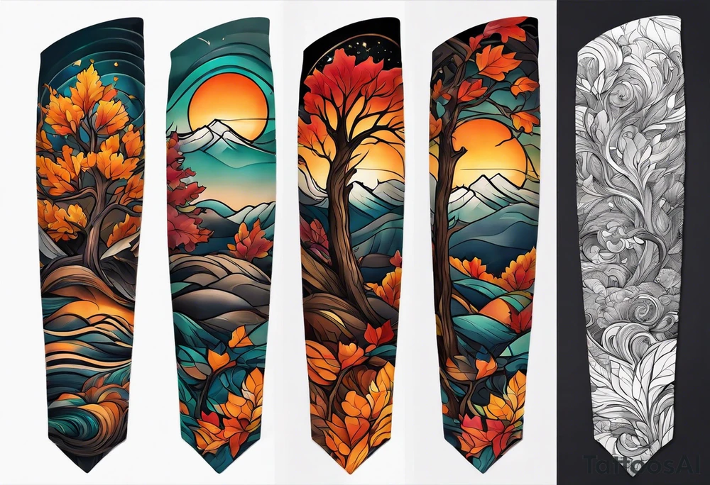 Arm Sleeve Tattoo with fall colors flat tattoo idea