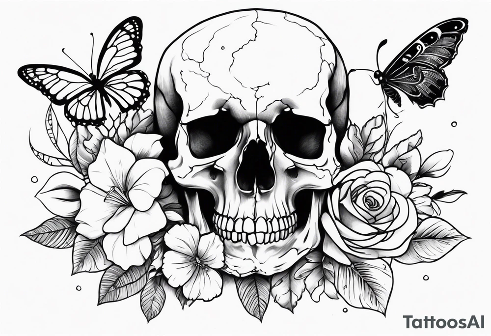 Skull tattoo with a large scorpion, butterflies, and flowers tattoo idea