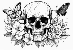 Skull tattoo with a large scorpion, butterflies, and flowers tattoo idea