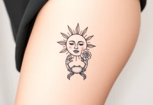 Traditional sun with simple face, Sun, rose and crab tattoo idea