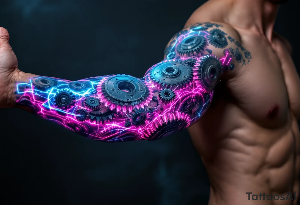 A biomechanical arm tattoo where gears spin under translucent synthetic skin lit with neon pink and cobalt blue veins. tattoo idea