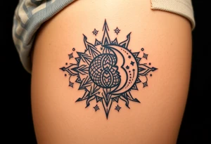 celestial sun and moon embrace with constellation patterns tattoo idea