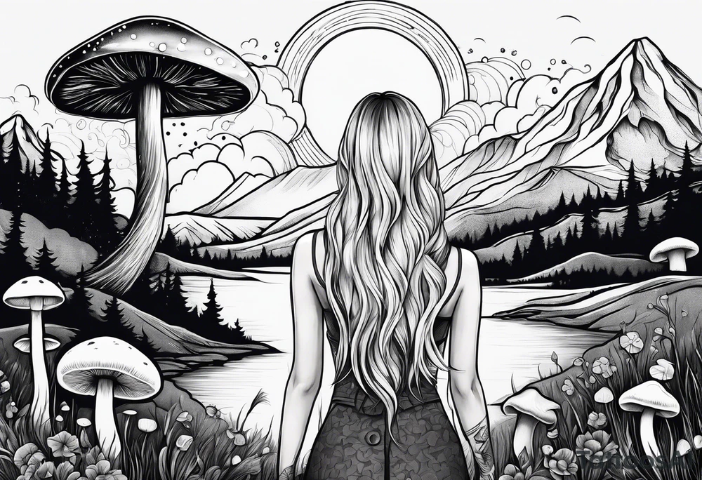 Straight blonde hair girl facing away mountains surrounded by mushrooms crescent moon tattoo idea