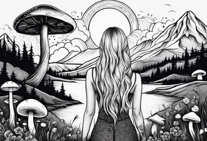 Straight blonde hair girl facing away mountains surrounded by mushrooms crescent moon tattoo idea