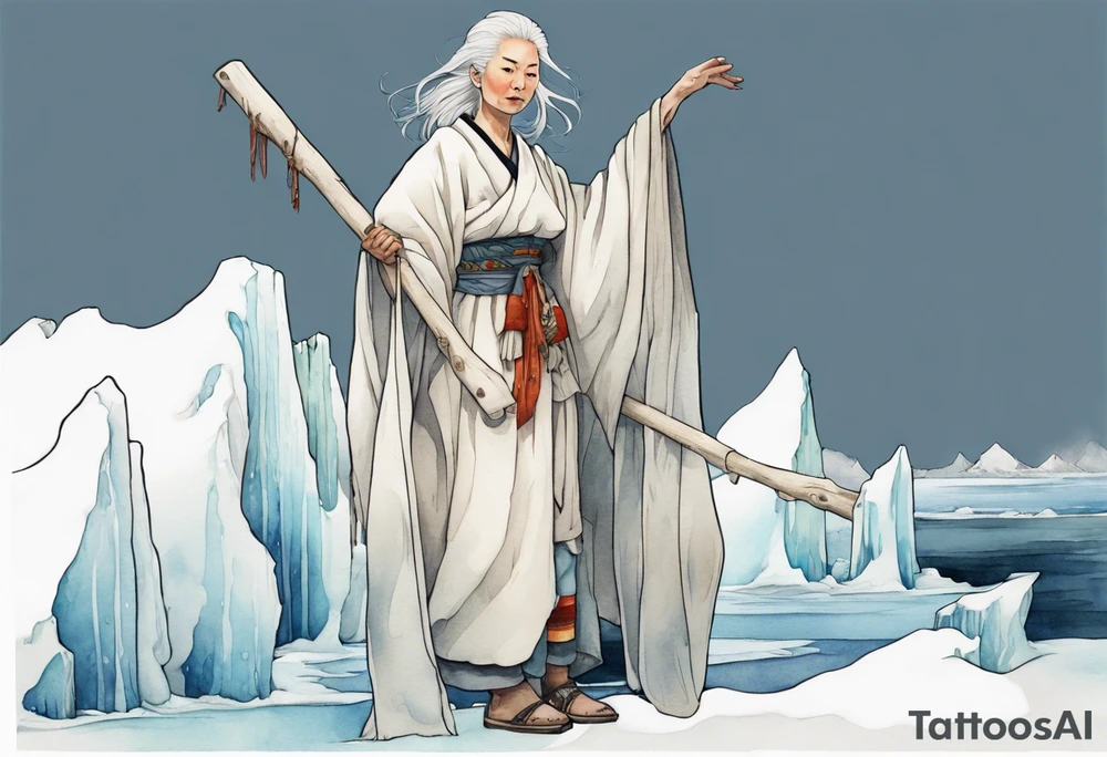 a 40 year old Sami woman with white hair and a white robe holding a long white wood stick, standing on an iceberg tattoo idea