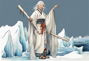 a 40 year old Sami woman with white hair and a white robe holding a long white wood stick, standing on an iceberg tattoo idea