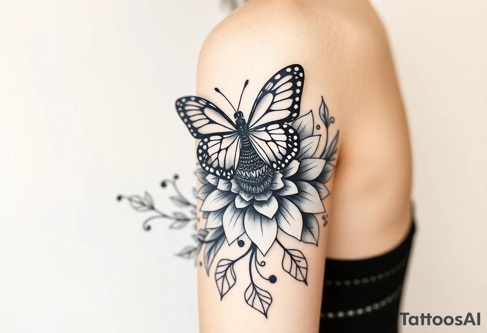 Bohemian style butterfly sitting on a stylized  sunflower with mandala petals on a swirly flourishing vine tattoo idea