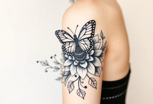 Bohemian style butterfly sitting on a stylized  sunflower with mandala petals on a swirly flourishing vine tattoo idea