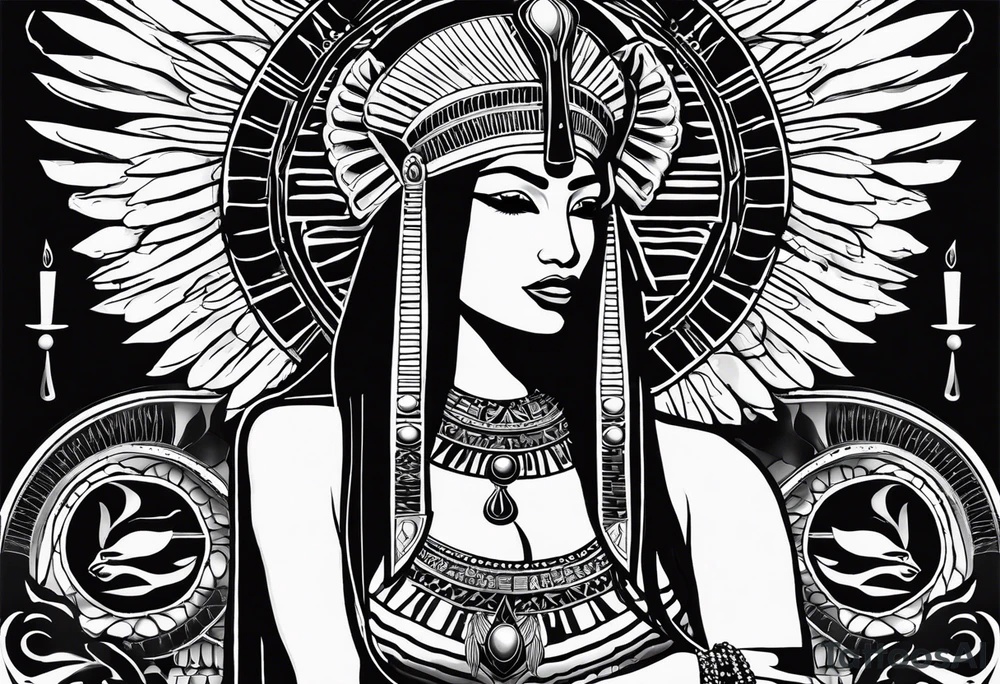 black and white Egyptian goddess Isis, who is often depicted as a woman with outstretched wings, holding an ankh (a symbol of life) in one hand and a lotus flower in the other. Her headdress often includes a throne or a solar disk. The tattoo design can vary in style and size, but it typically aims to capture the essence of this revered Egyptian deity, emphasizing her beauty, power, and maternal qualities. The choice of colors and additional elements can also be customized to create a unique and visually striking representation of the goddess Isis tattoo idea