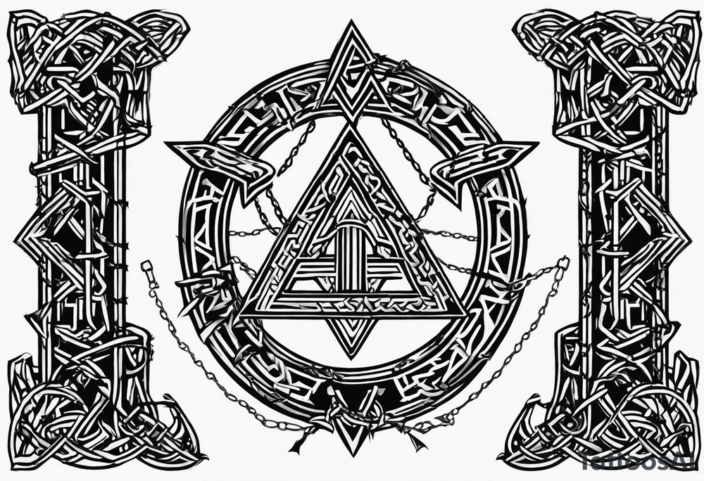 Valhalla sword shield axe barbed wire chains valknut tattoo idea