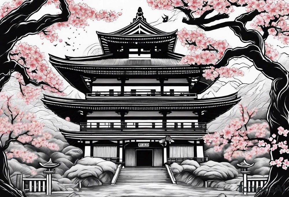 japanese evil spirit with japan and cherry blossom trees in the background. make it scary tattoo idea