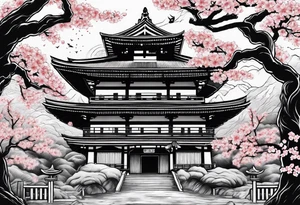 japanese evil spirit with japan and cherry blossom trees in the background. make it scary tattoo idea