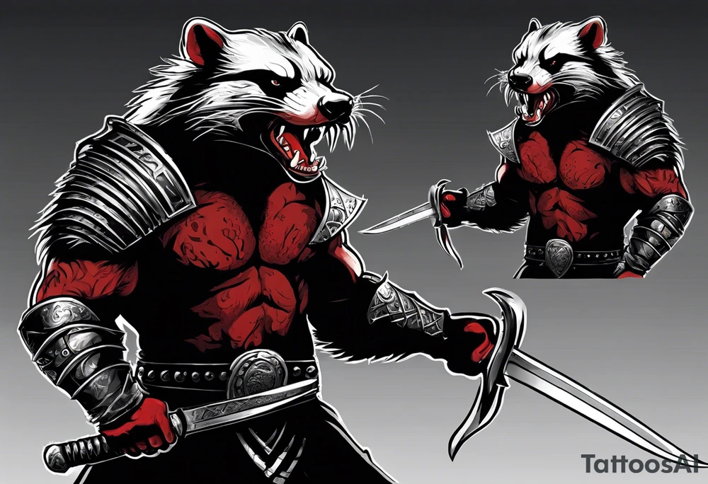 Draw me psychopath Honey Badger/Berserker with aggressive full body, killer face with a scary smile, very long nails and he attacks like a Bloody Assassin/Warrior/Gladiator to us and also, he has very deadly looking. He fights with his nails. Everybody scares after their first sight. Give me horror type Badger Tattoo. I want to see his Realistic full body with no weapons. You can show destruction at the back. tattoo idea