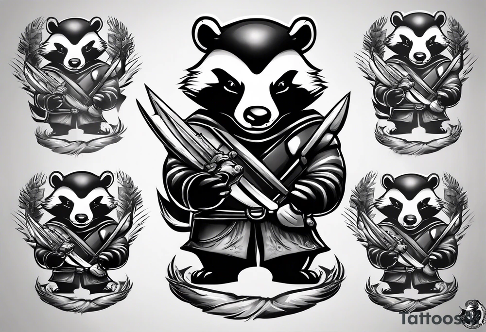Draw me badger with aggressive full body show, killer face with cute smile, very long nails and he attacks like a Turkish Soldier to enemy and also he has very deadly looking. The only weapon is his braveness he fights with his nails. tattoo idea