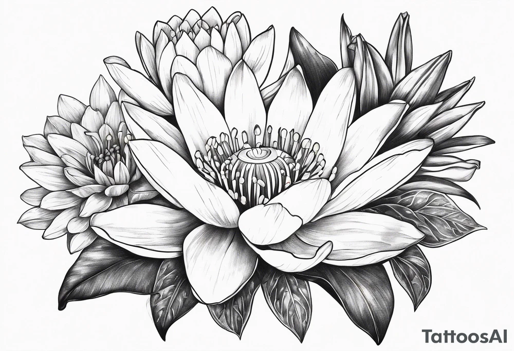 Water Lily, Lily of the Valley, Narcissus, and Gladiolus flower bouquet tattoo idea